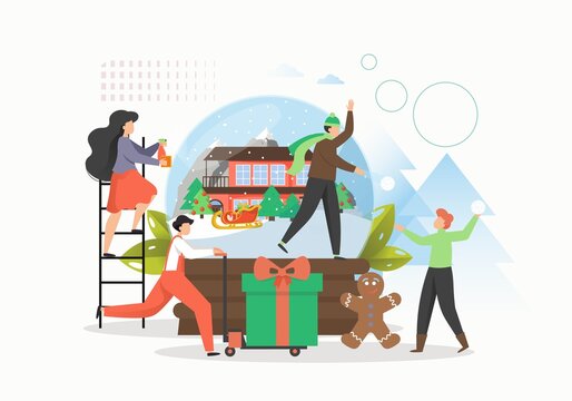 Winter tale. Happy people preparing for Christmas holidays celebration, expecting magic things, flat vector illustration