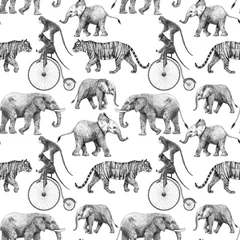 Fototapete Afrikas Tiere Schönes nahtloses Muster auf Lager mit niedlichen handgezeichneten Safari-Giraffe-Elefanten-Tiger-Affen-Nashorn-Bleistiftillustrationen.