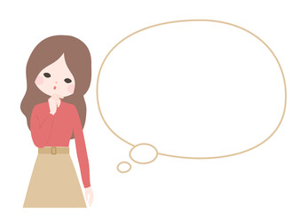 首を傾げて考えるポーズの若い女性とフキダシ【主線なし】