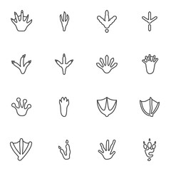 Bird and Animal paw print line icons set, outline vector symbol collection, linear style pictogram pack. Signs, logo illustration. Set includes icons as crocodile paw print, crow, chicken, turkey