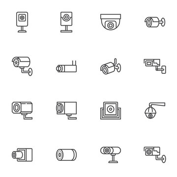 CCtv camera line icons set, outline vector symbol collection, linear style pictogram pack. Signs, logo illustration. Set includes icons as webcam, spy cam, dome surveillance, security system camera