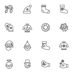 Winter related line icons set, outline vector symbol collection, linear style pictogram pack. Signs logo illustration. Set includes icons as christmas berry branch, sock, hat, sweater, glove snowflake