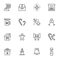 Happy New Year line icons set, outline vector symbol collection, linear style pictogram pack. Signs, logo illustration. Set includes icons as Christmas tree invitation card, fireplace, gift box, home