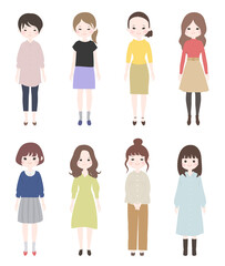 いろいろなタイプの私服姿の若い女性8人　全身【主線なし】