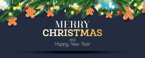 Fir Branches with Neon Lights and Gingerbread Man. Christmas Decoration with Colorful Twinkles.