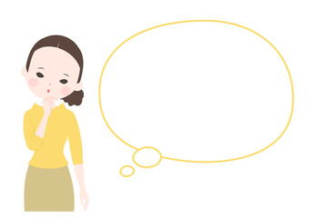 首を傾げて考えるポーズの若い女性とフキダシ【主線なし】