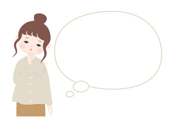 首を傾げて考えるポーズの若い女性とフキダシ【主線なし】