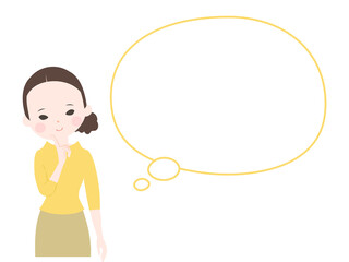 顎に人差し指を当てて微笑みながら考えている若い女性と吹き出し【主線なし】