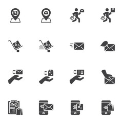 Post delivery vector icons set, modern solid symbol collection, filled style pictogram pack. Signs, logo illustration. Set includes icons as courier delivery box, email, cargo shipping, online message