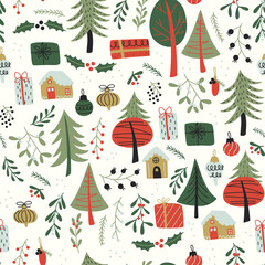 Pattern of hand drawn winter forest elements. Christmas design background.