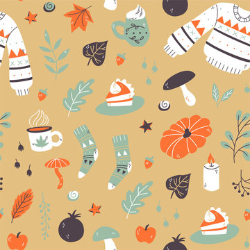 Fall seamless pattern with cozy elements. Colorful seamless background.
