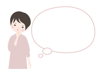 首を傾げて考えるポーズの若い女性とフキダシ【主線なし】