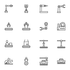 Robotic manufacture line icons set, outline vector symbol collection, linear style pictogram pack. Signs, logo illustration. Set includes icons as robotic automation production, conveyor belt, factory