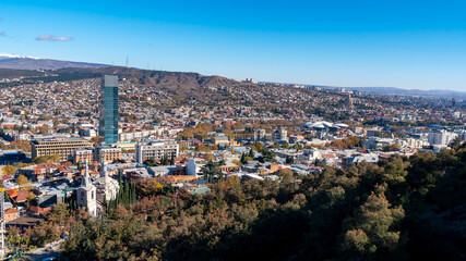 Panorama view of Tbilisi. Modern landmark - high-rise hotel