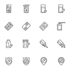 Medicine drug line icons set, outline vector symbol collection, linear style pictogram pack. Signs logo illustration. Set includes icons as medical pill and glass of water, pharmaceutical blister pack