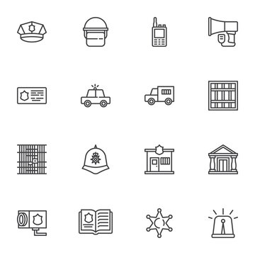 Police related line icons set, outline vector symbol collection, linear style pictogram pack. Signs, logo illustration. Set includes icons as police department station, policeman hat, officer badge