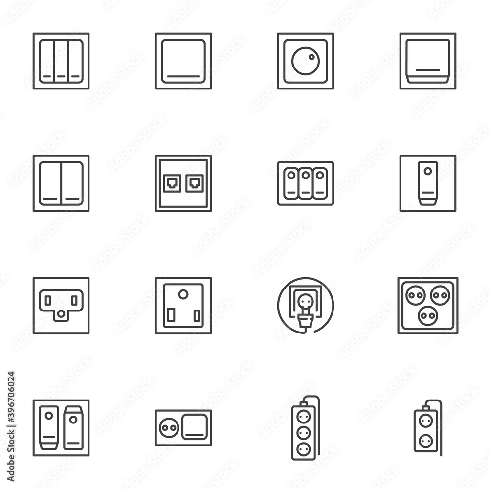 Poster switches and sockets line icons set, outline vector symbol collection, linear style pictogram pack. 