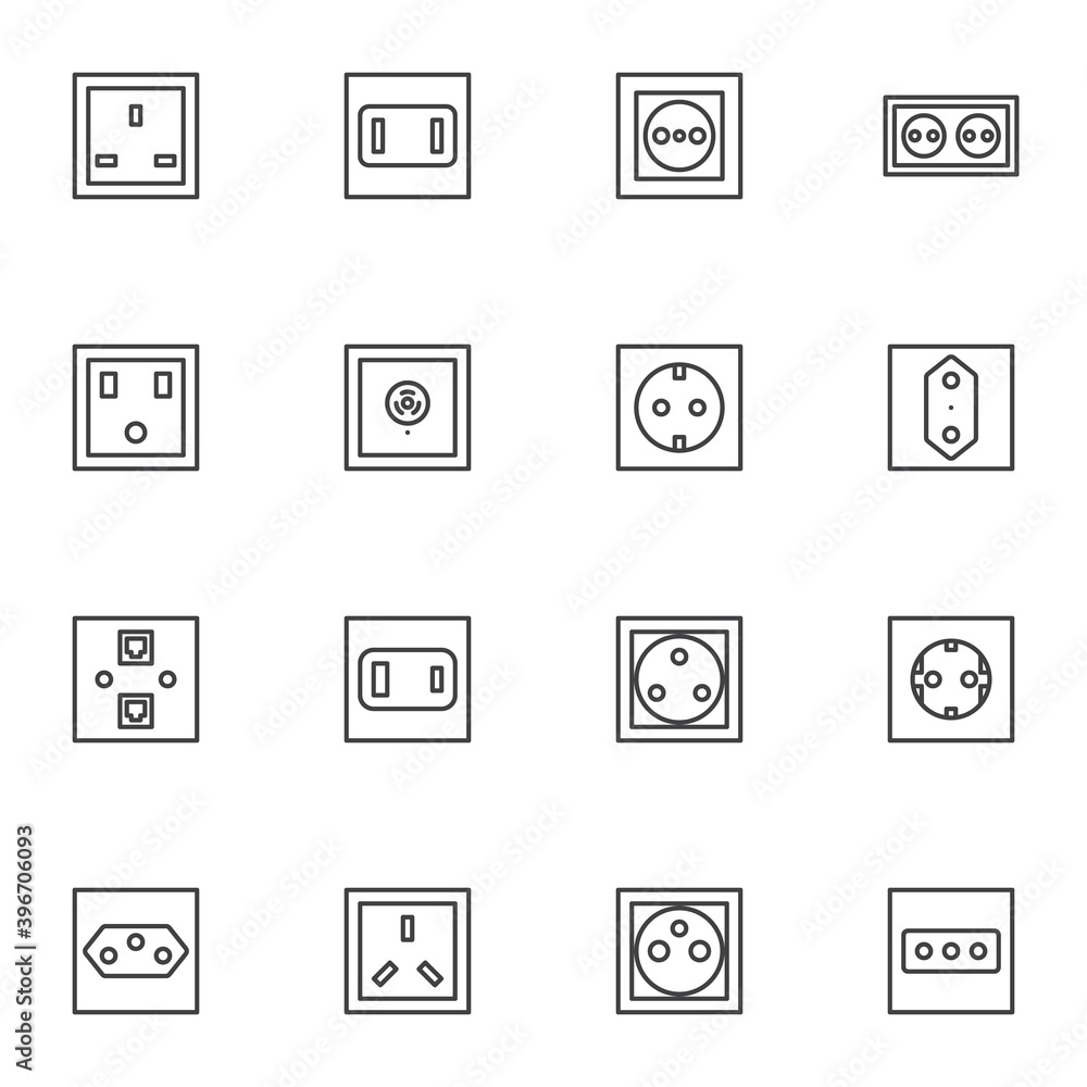 Poster electrical socket types line icons set, outline vector symbol collection, linear style pictogram pac
