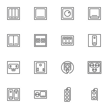 Switches and sockets line icons set, outline vector symbol collection, linear style pictogram pack. Signs, logo illustration. Set includes icons as electrical plug, power electricity, wall switch