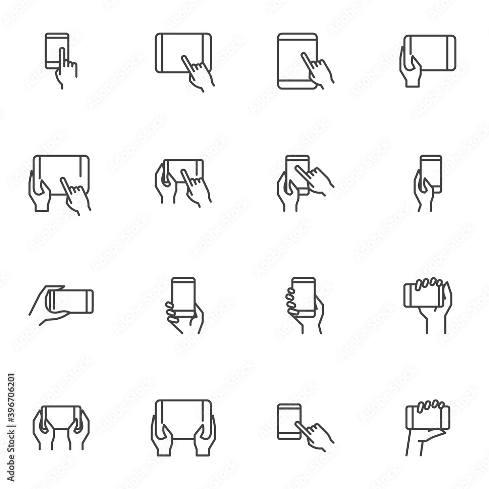 Poster hand using gadget line icons set, outline vector symbol collection, linear style pictogram pack. sig