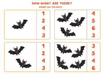 Counting game with black bats. Math worksheet for children.
