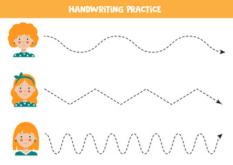 Trace the lines with cute girls. Writing skills practice.