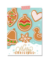 Merry Christmas cookies made of gingerbread biscuits vector. Snowflake ornaments and heart with topping, bird and bell, cone bauble ball toy decor