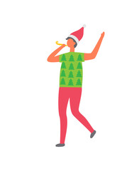Man in Santa Claus hat, with whistle, dressed in green t-shirt with spruce and pine trees, red trousers. Person celebrating Christmas New Year eve, vector