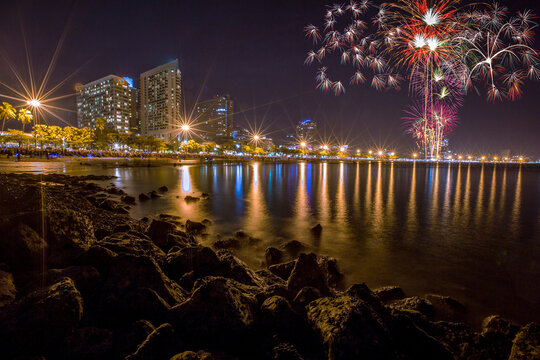 The blurred background of fireworks (light trails) is beautiful at night, seen in the New Year holidays, Christmas events, for tourists to take pictures during public travel.