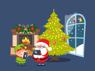 Santa and Eve standing near fireplace decorated spruce branch, candy cane and pine cone. Claus and Pixie holding tablets near chimney and fir-tree vector