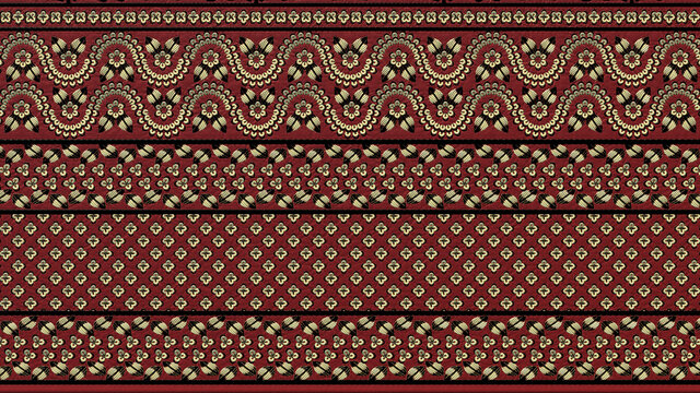 Decorated Fabric With A Yellow Pattern And Embroidery Elements On A Red Background. 3D-rendering