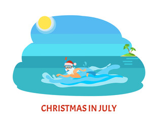Christmas in July, Santa Claus swimming in diving mask and red hat, New Year character on summer holidays vector sea and skyline. Water splashes and old man