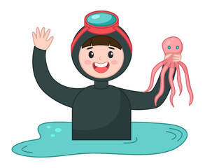 Scuba diver young man over water cartoon vector character holding pink octopus waving hand flat vector. Aqualunger wearing protective suits and a diving mask smiling satisfied male with catch