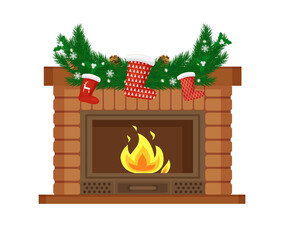 Fototapeta premium Fireplace decorated for Christmas holiday vector. Pine tree branches with needles and snowflakes, socks with evergreen print, flame and home interior