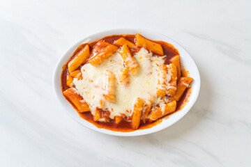 Korean rice cake in spicy Korean sauce with cheese, Cheese Tokpokki, Tteokbokki with Cheese