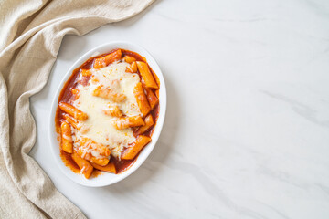 Korean rice cake in spicy Korean sauce with cheese, Cheese Tokpokki, Tteokbokki with Cheese