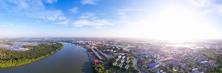 Obraz premium Panorama aerial view morning time scene of gas power plant. Thermal power plants and fuel oil, Bang Pakong power plant. 