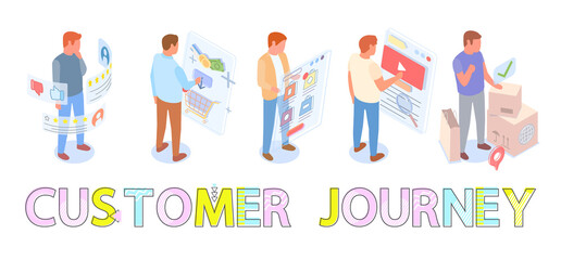 Set of male characters making selection of goods in online store. Way from seller to customer, build consumer demand. Customer engagement. Swipe pages. Big cartoon lettering ustomer journey