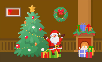 Merry Christmas Santa Claus holding presents by pine tree vector. Home interior decorated with baubles and star on top. Fireplace with flame and gifts