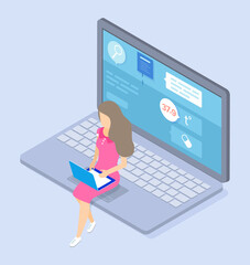 Isometric 3d illustration. Online consultation with doctor at distance in internet, symptoms of disease, online treatment at medical website or application. Woman with laptop sitting at keyboard