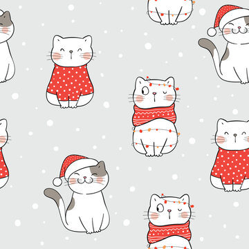 Draw seamless pattern cat for winter Christmas.