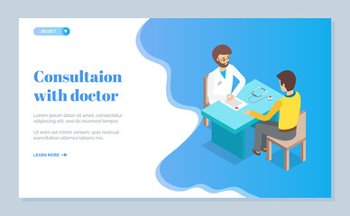 Web page of a medical site. Choosing a medical specialist for consultation. Doctor is sitting at the table and talking to the patient. Diagnosis and treatment. Flat isometric template of site