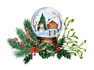 A souvenir ball with snow decorated with fir branches, mistletoe and holly. Watercolor decor snowman, hut and trees in a glass ball. Isolated on white background. Drawn by hand.