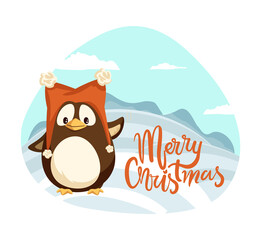 Merry Christmas penguin wearing warm hat winter holiday vector. Landscape with hills covered by snow, snowy weather character wildlife scenery, wintertime