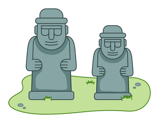 Stone sculptures in human body form in Stone park. Stone statue of dol hareubang tourist attraction on Jeju Korean island illustration. Travel to South korea. Welcome to Jeju island. Vacation in Asia