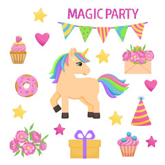Set for birthday party decor with unicorn, cupcakes, flowers, stars, hearts. Bright cartoon vector illustration.