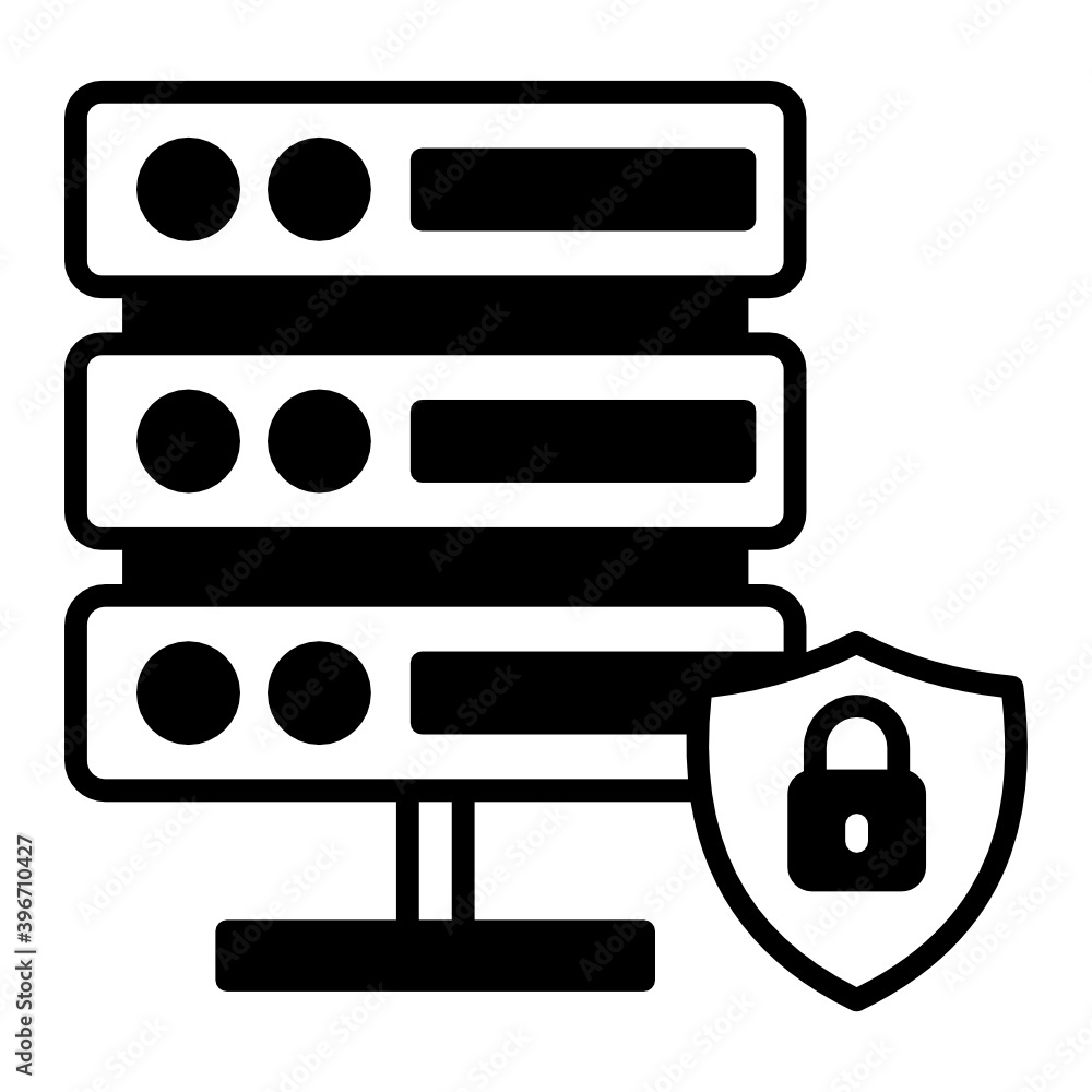 Poster data center insurance concept, secured vps rack vector glyph icon design, cloud computing and intern