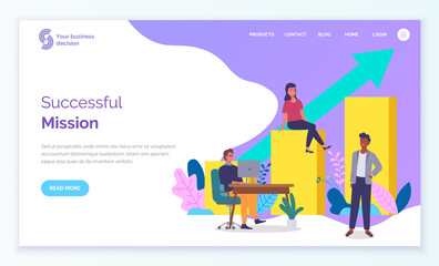 Landing page of business site. Slogan Successful mission. Woman sits on large volumetric yellow bar chart, growth arrow. Man at desk, wearing glasses, using monoblock. Employees work in office