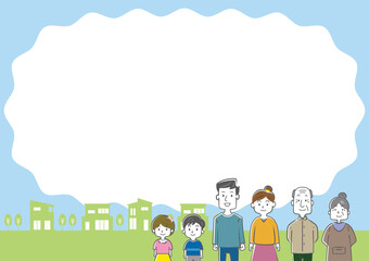 三世代家族と街並みの背景用イラスト