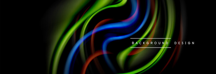 Dynamic motion abstract background. Color blurred stripes on black. Wave liquid lines poster. Vector illustration